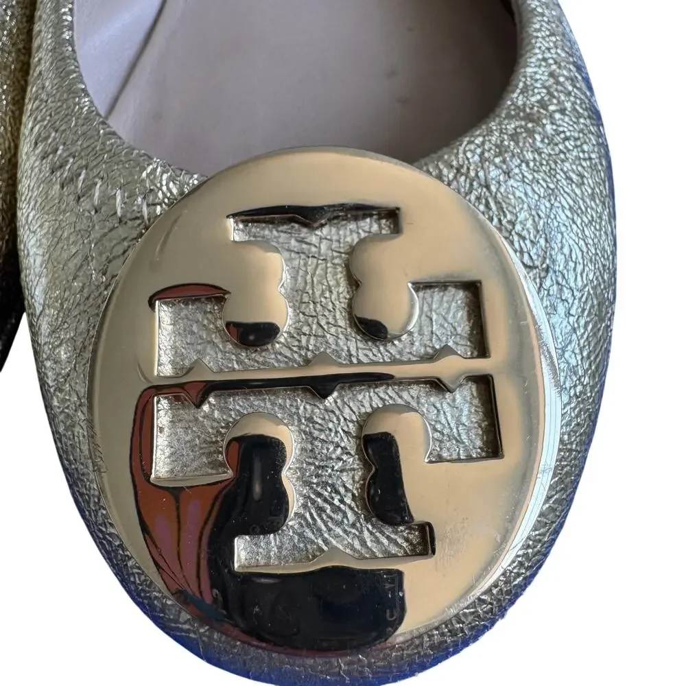 Tory Burch Minnie Travel Ballet Flats Gold Metallic Leather Size 5.5